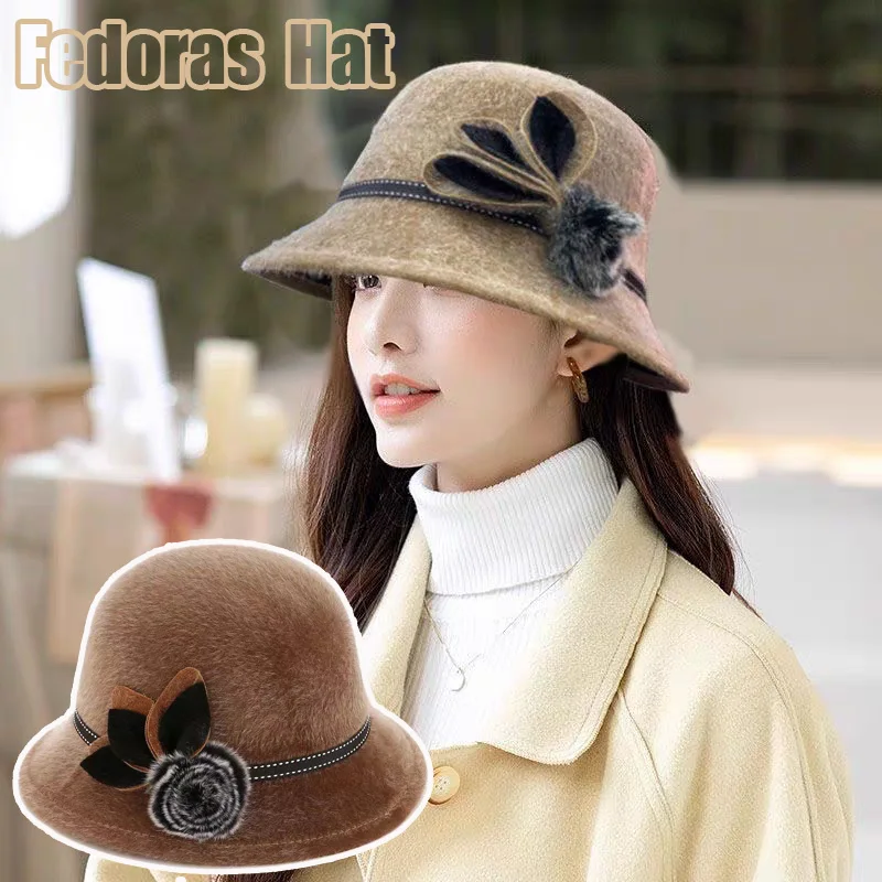 Winter Bow Fedora Hat Women Flap Brim Felt Hat Retro Wine Red Jazz Cap Ribbon Band Decorated Wool Wedding Church Bowler Dome Hat image 6
