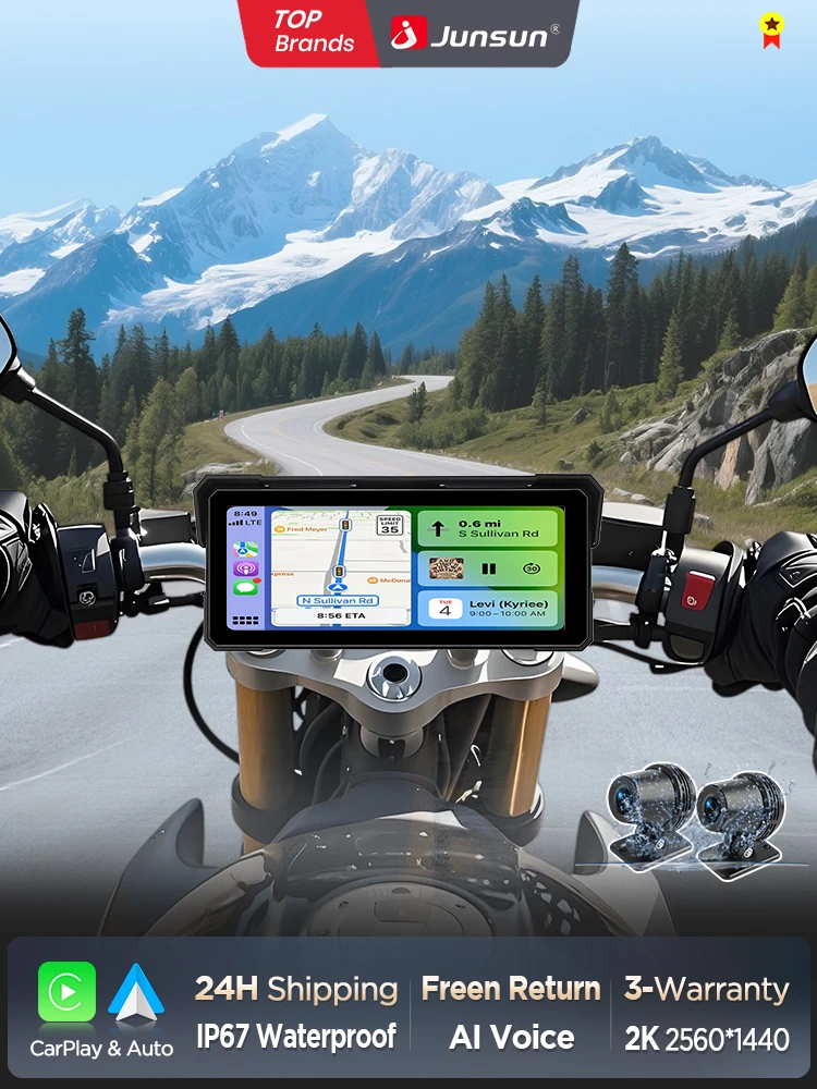 Junsun 8,1 inch Dual 2K motorfiets DVR Carplay Android Auto dashboard GPS navigatiedisplay IPX7 waterdichte dashcam draagbare digitale touchscreen monitor Moto BT - afbeelding 2