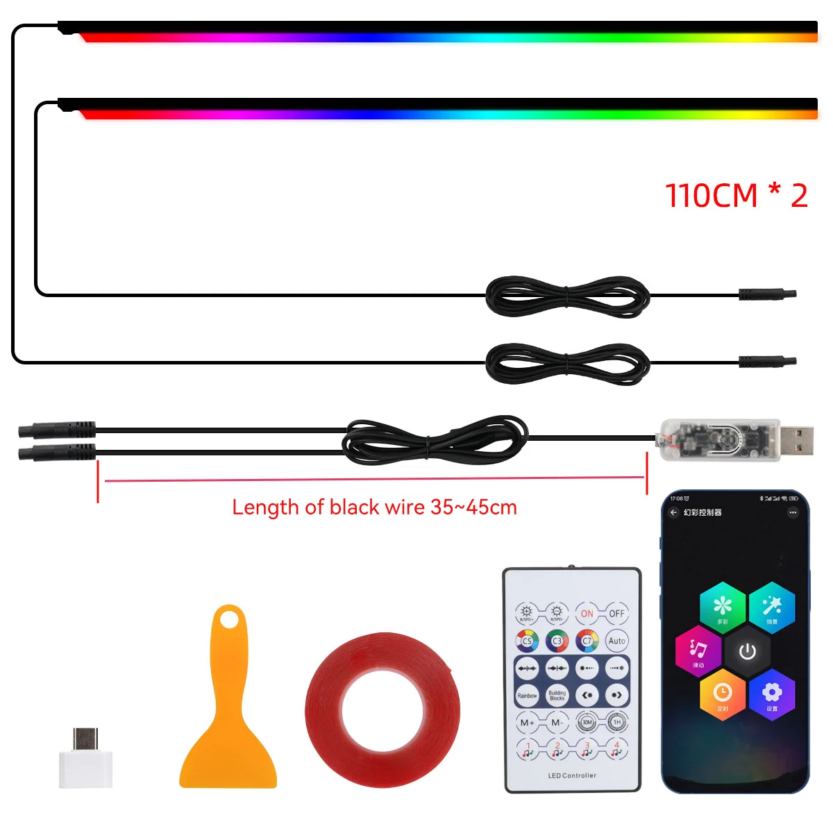 1/2-in-1 110cm 140cm Acryl Auto-Innenbeleuchtung LED-Lichtstreifen APP Fernbedienung USB Ambientebeleuchtung Neon-Atmosphärenlampe Dekoration