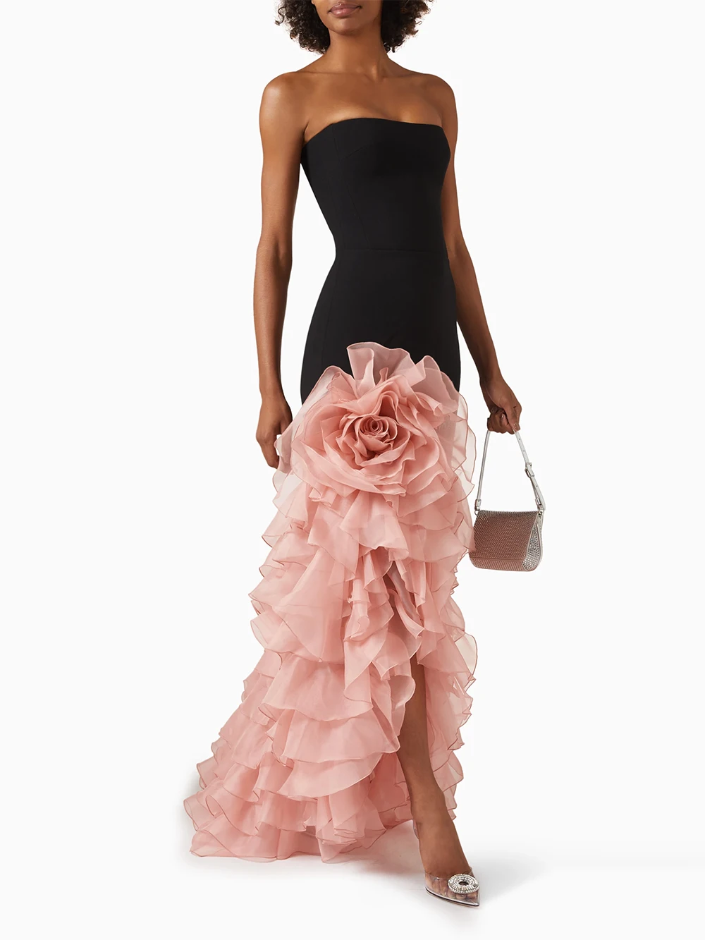 Modphy Women'S Sexy Strapless Bandage Slim Long Dress With Floral Decoration Layered Ruffle Edge Patchwork Dress Wedding Party