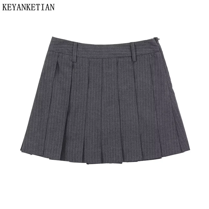 

KEYANKETIAN 2026 Summer New Preppy Style Striped Pleated Mini Skirt Women High Waist A-Line Lining Side Zipper Miniskirt