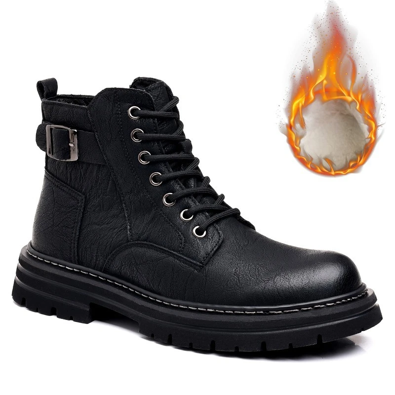 

Мужские кожаные ботинки в стиле ретро, осенне-зимние, на флисовой подкладке, теплые, в британском стиле, на толстой подошве, высокие рабочие ботинки, водонепроницаемые, нескользящие