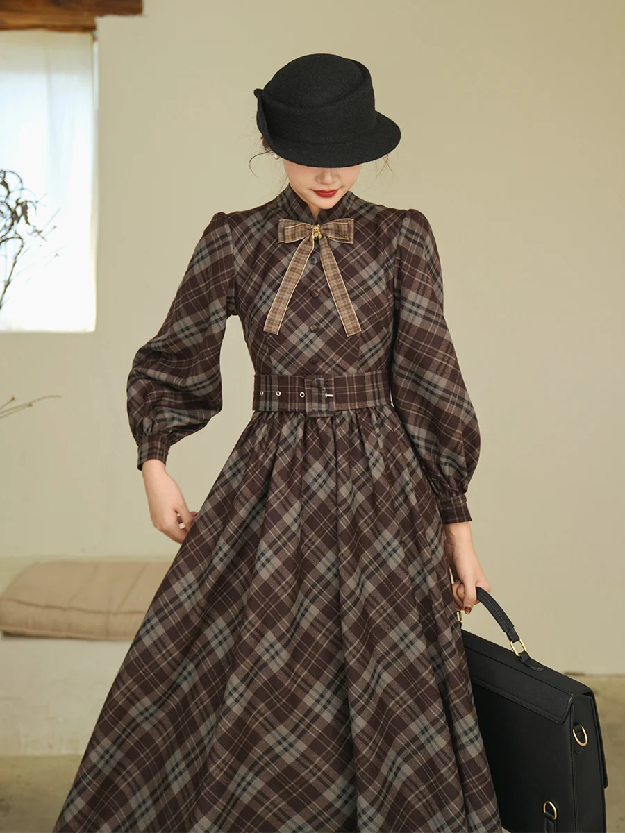 TIYIHAILEY женское зимне-осеннее клетчатое платье с длинными рукавами-фонариками, длинное женское платье до середины икры, S-XL, винтажное, с высокой талией, новинка 2023 г.