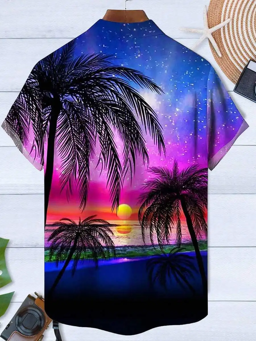 Mens Hawaiian Sunset Palm Tree Print Shirt