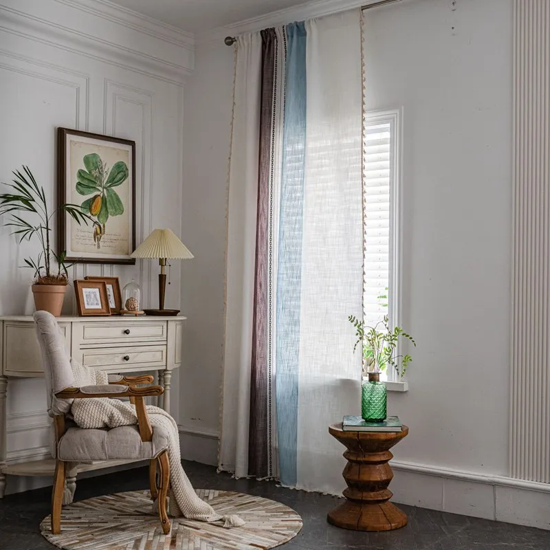 American Style Thick Cotton Linen Stripe Blackout Window Curtains with Tassel Bedroom Kitchen Drapes Curtains In The Living Room