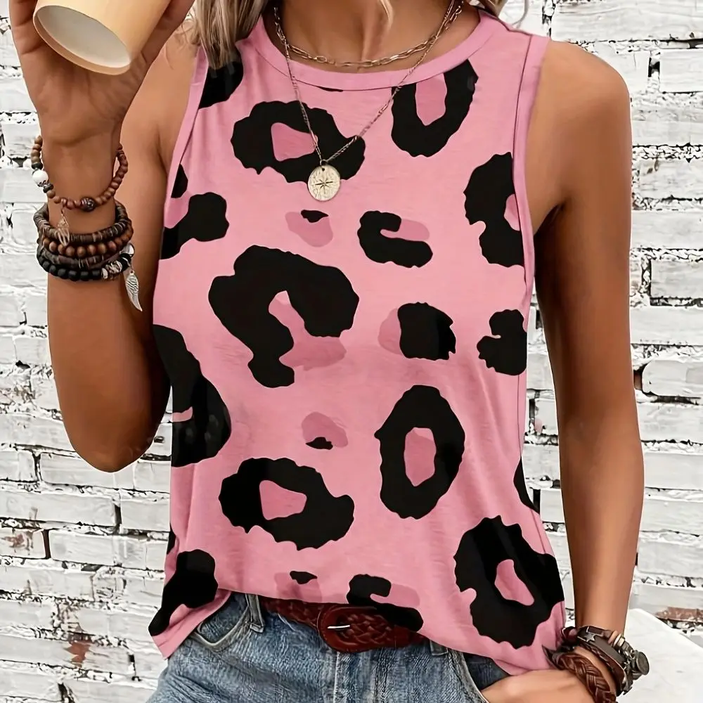 Elegant And Personalized New Product Leopard Print Art Print O-neck Vest For Women 2024 Summer Comfortable Sleeveless Top