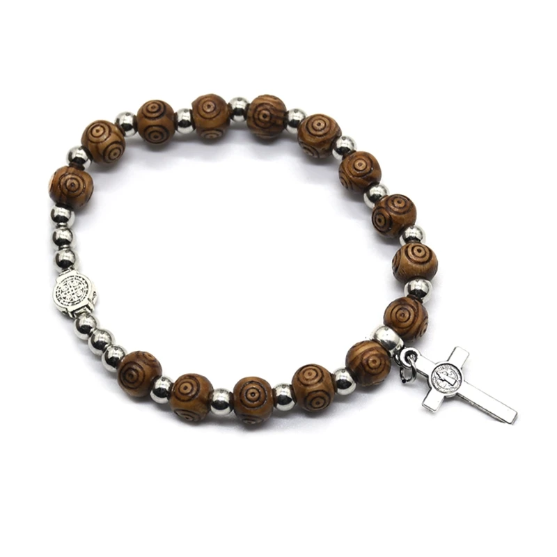 8mm Wood Beads Rosary Bracelet Vintage Jesus Christ Crucifix for Cross Wristband Chain Bracelets Men Unisex Jewelry Charm Gift