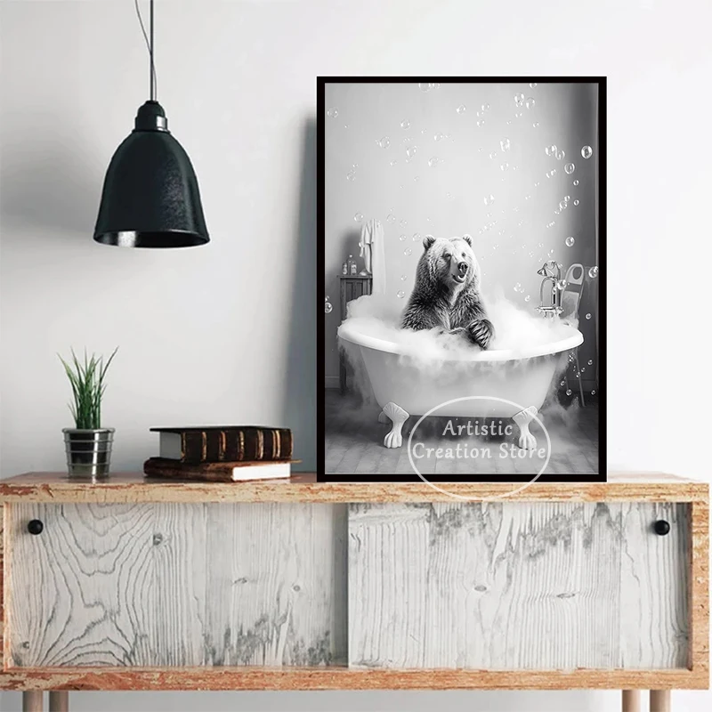 Funny Animal Poster Hedgehog Elephant Penguin Bear Bubble Canvas Painting Prints Wall Art Nordic Bathroom Home Decoration Gifts