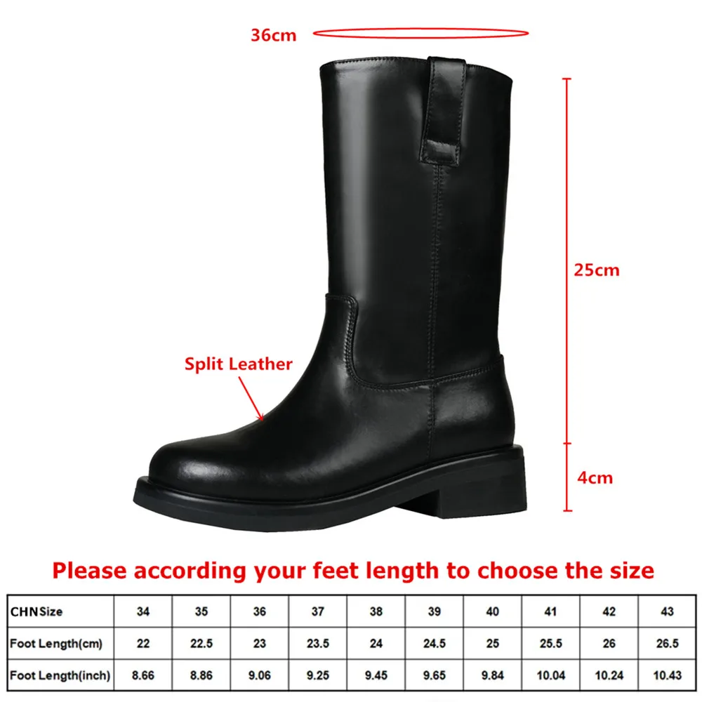 MILI-MIYA Women's Round-Toe Wide-Leg Slip-On Mid-Calf Boots Double-Layer Cowhide Chunky Heel Extra-Large Sizes 34–43 Casual Shoe