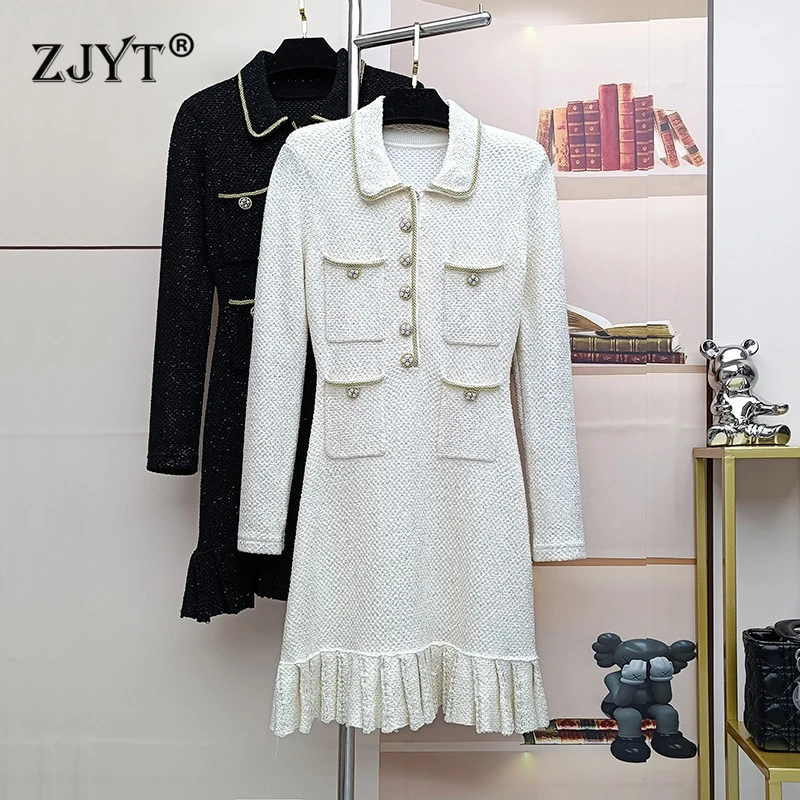 ZJYT Autumn Winter Long Sleeve Knitted Sweater Dresses for Women Fashion Crystal Buttons Ruffles Hem Short Dress Party Vestidos