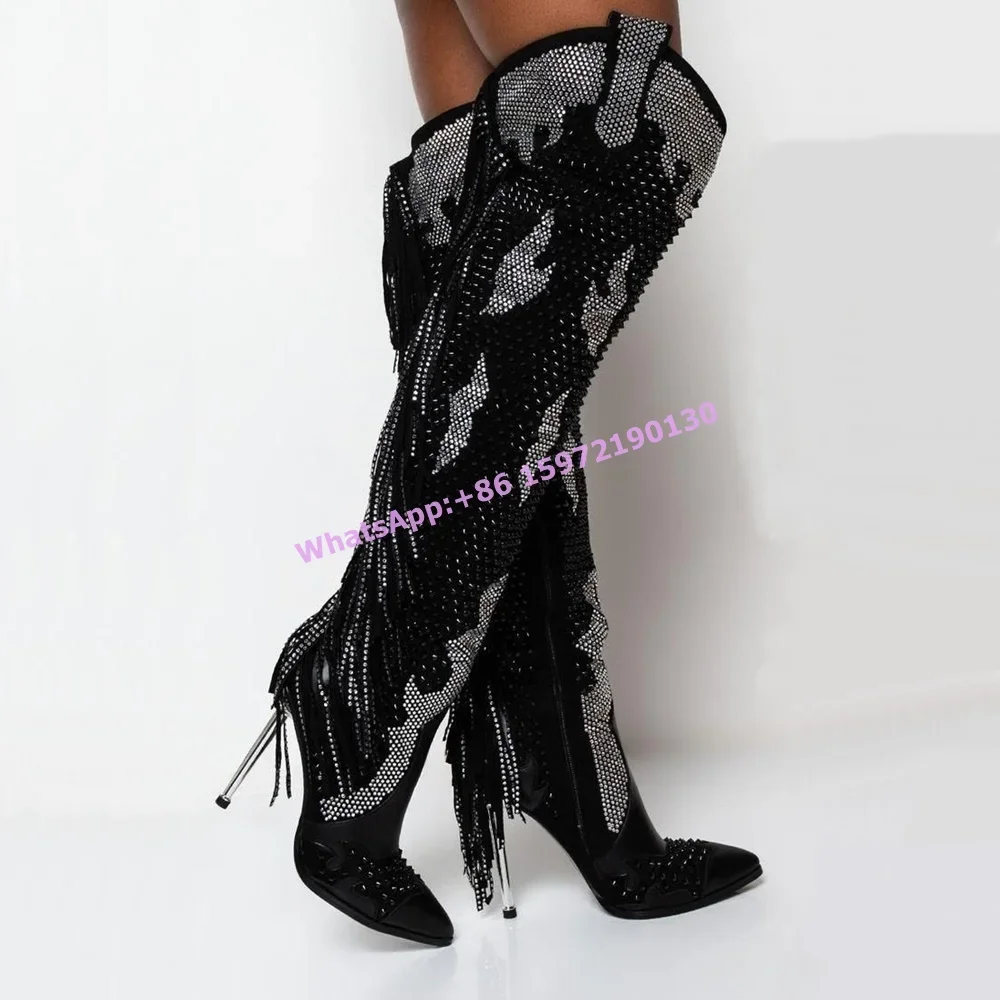 

Crystal Fringe Rivet Knee High Boots Pointy Toe Metal Thin Heels Side Zipper Boots Black Silvery Luxury Women's Runway Shoes
