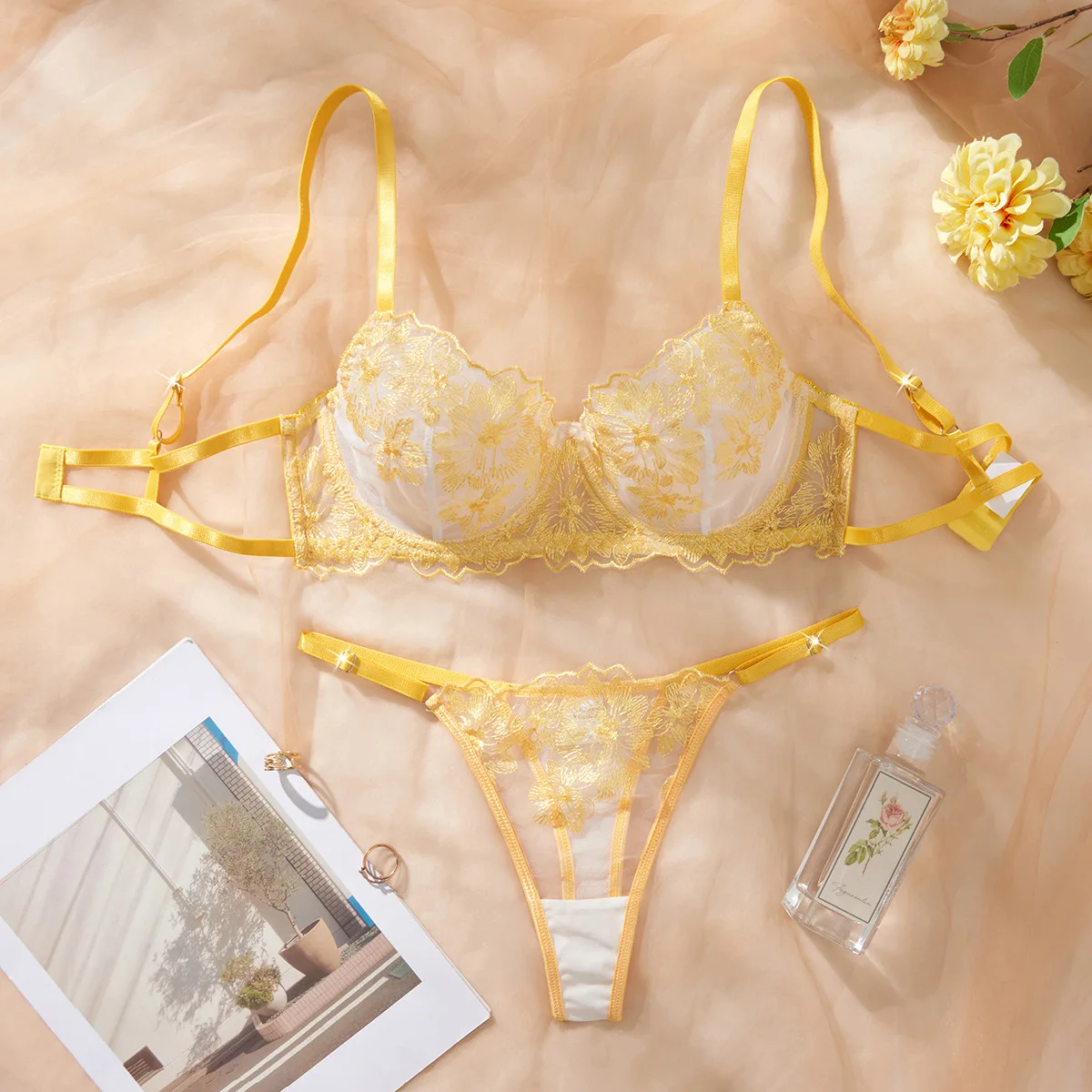 

Сексуальное сетчатое нижнее белье с вышивкой, женское нижнее белье Pure Desire с перспективой и стальным кольцом, женский сборный бюстгальтер, костюм-стринги