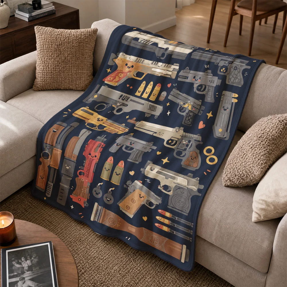 Stylish Gun Print Throw Blanket for Sofa Couch Decor Cozy Gift Novelty Weapons Design Home Textile Artwork Decorating Living Roo