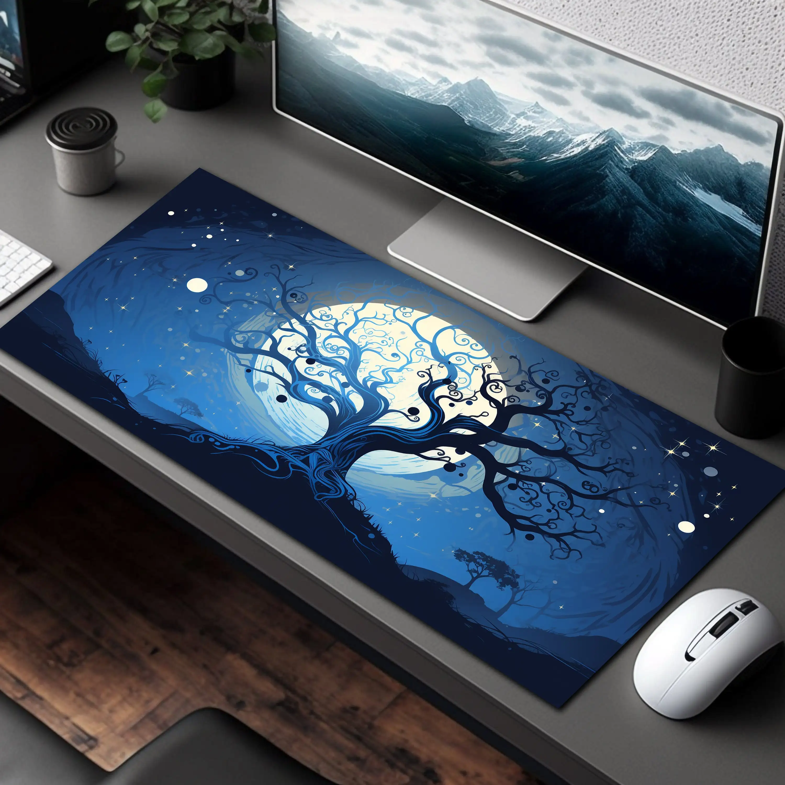 Mystical Blue Midnight Desk Mat, Full Moon Mouse Pad, Blue Moon Mousepad,XXL Cute Mouse Pads, Gaming Mats,XL Keyboard Pads