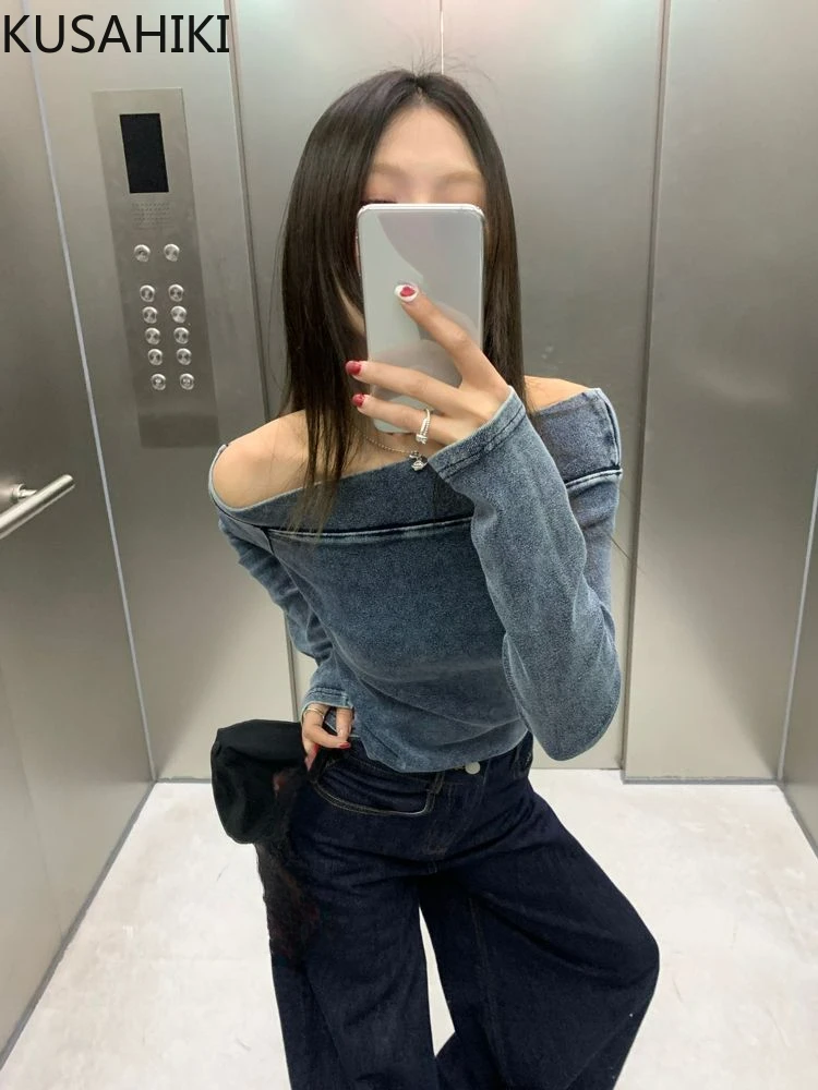 KUSAHIKI Retro Off spalla Denim camicia blu per le donne autunno nicchia Sexy senza spalline ragazza piccante breve Y2k Jeans Top