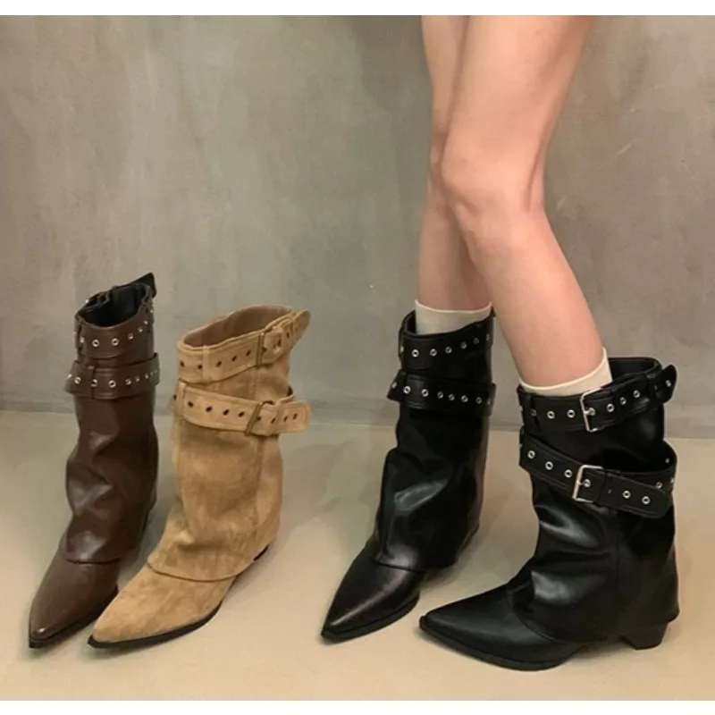 

Модные женские ботильоны в стиле вестерн с острым носком, элегантная обувь на толстом каблуке, короткие ботильоны с пряжкой на ремне, Zapatos Mujer