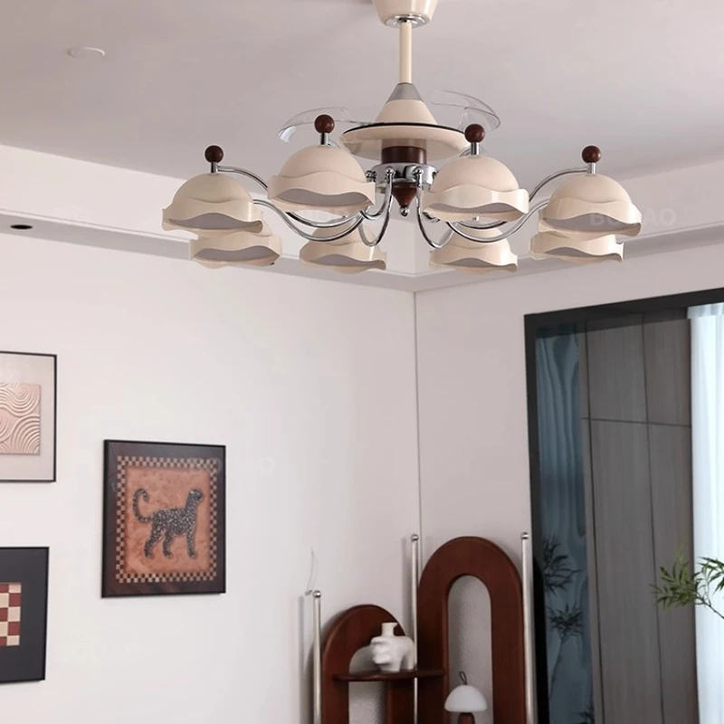 French Medieval Style Designer Ceiling Fan Lights Invisible Silent Cream Style Large-sized Hall Ceiling Fan Lamps Kitchen Parlor