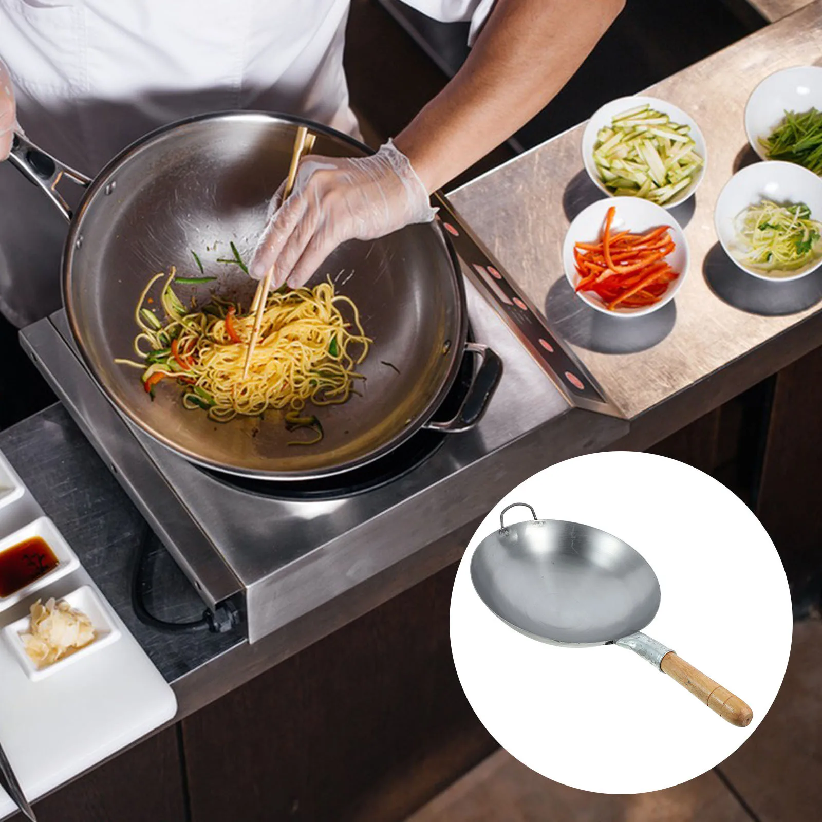 

1 шт., сверхмощная углеродистая сталь вок, серая сковорода с антипригарным покрытием для домашней кухни, кастрюля с деревянной ручкой