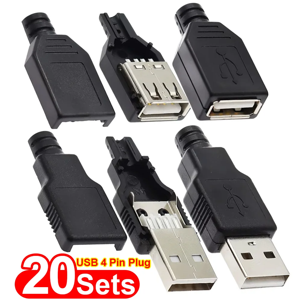10/20Sets Type A USB 4 Pin Male & Female Soldering Plug Socket Connector With Plastic Cover DIY USB 2.0 Assembly Adapter