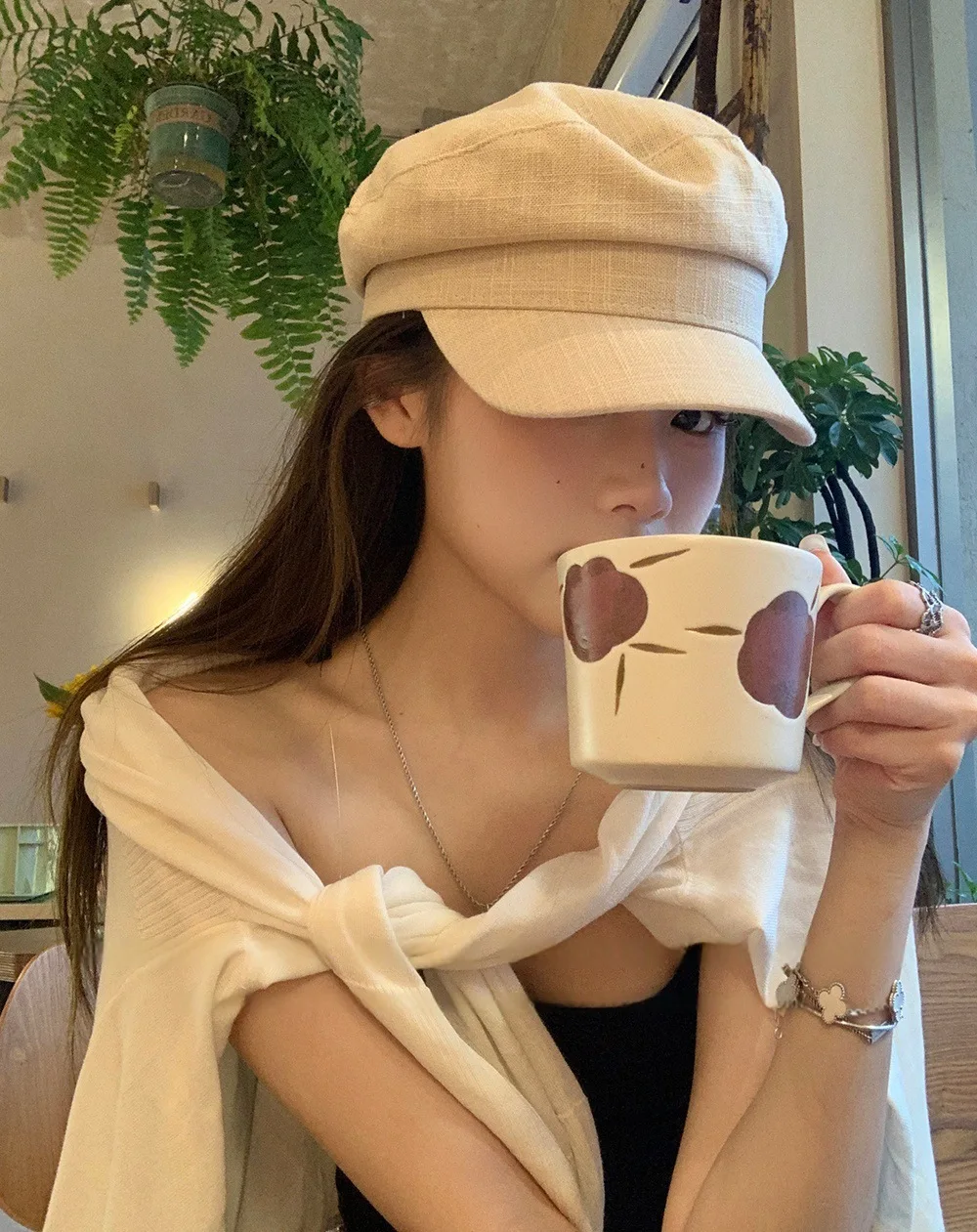 

Fashion French Cotton Headwear Cap Linen Navy Hat Women Summer Style flat-topped Octagonal Painter Versatile Beret 2M90