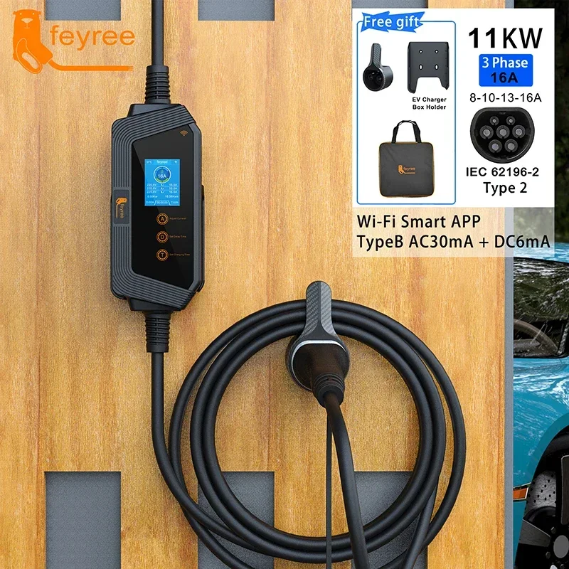 feyree Type2 Cable Portable EV Charger 11KW 16A 3P Car Charger Wi-Fi APP Control EVSE Charging Box CEE Plug for Electric Vehicle