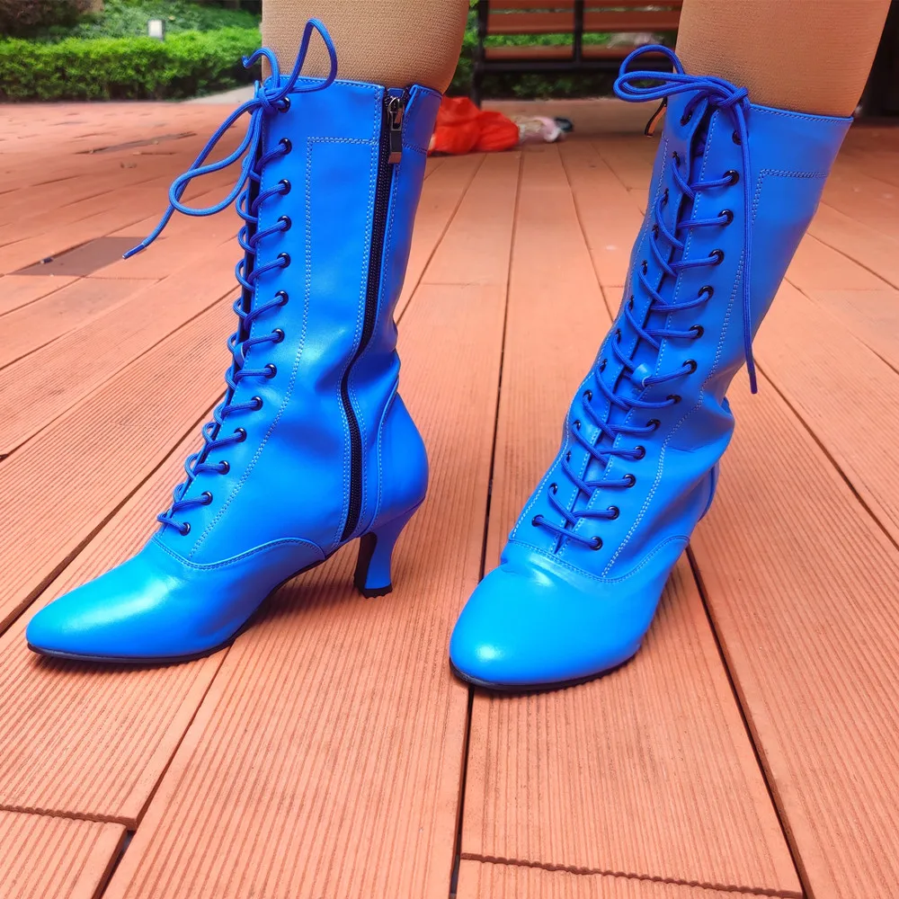 Botas de baile latino para mujer, zapatos de baile de salón y Salsa Azul de 7cm, botines de baile de salón para fiesta y Club, novedad