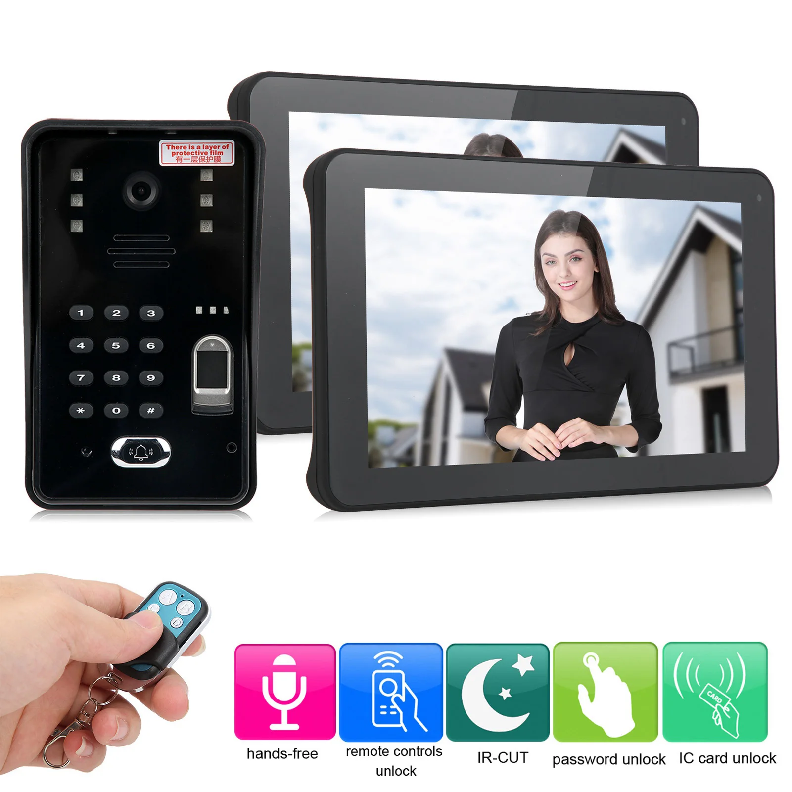 Timbre de vídeo de 9 pulgadas con cable Wifi 2 monitores contraseña de huella digital Kit de portero de visión nocturna tarjeta IC sistema de Control de acceso remoto