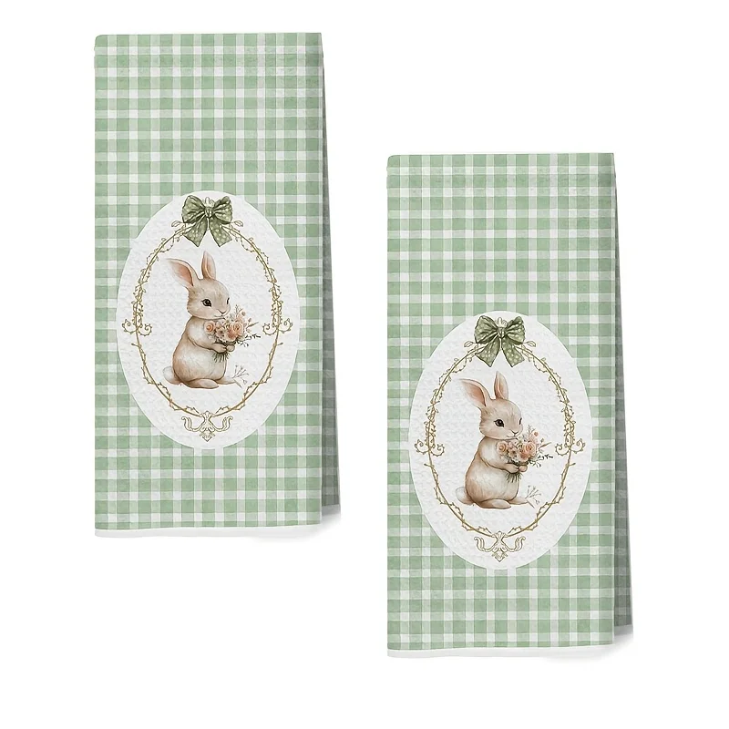 2-Pack green plaid cute rabbit green bow rabbit kitchen towel