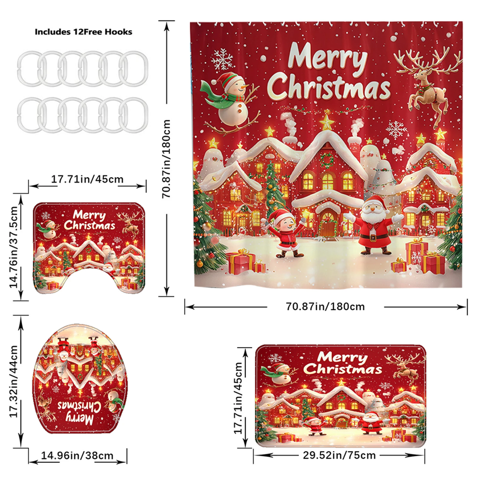 

4Pcs Christmas Xmas Bathroom Shower Suit with Rug Toilet Lid Cover Bath Mat Funny Shower Curtain Set Waterproof for Home Decor