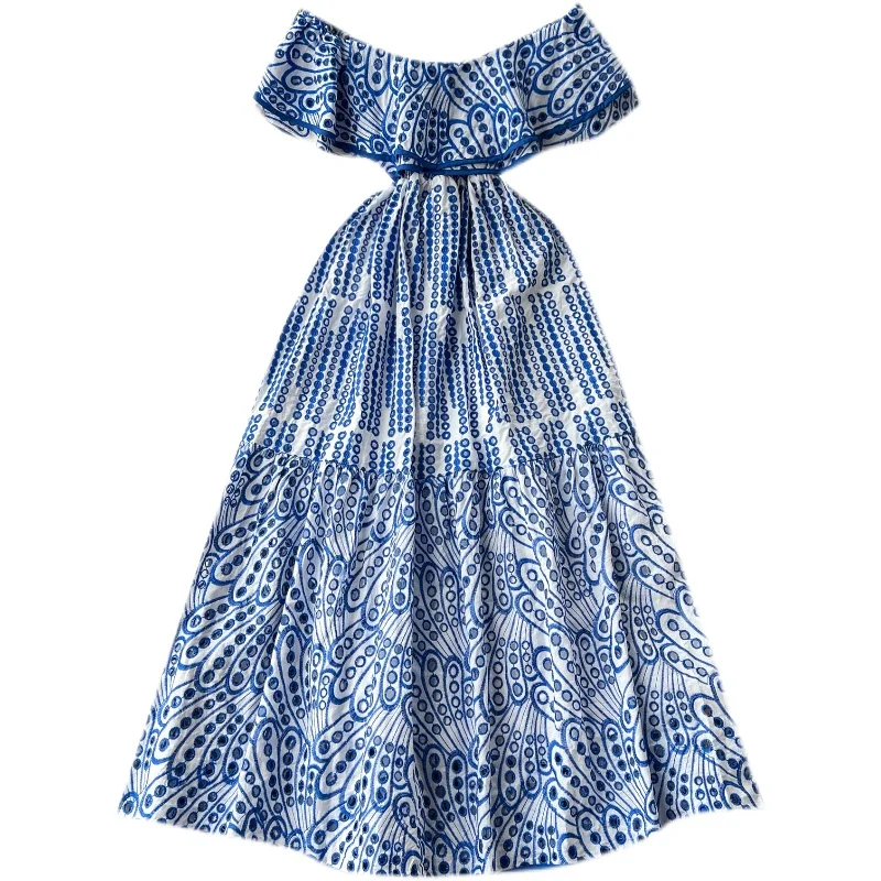 エレガントなオフショルダー、透かし彫り刺繍ドレス、レディーススリムハイウエストホリデースカート、Aラインロングドレス、春夏