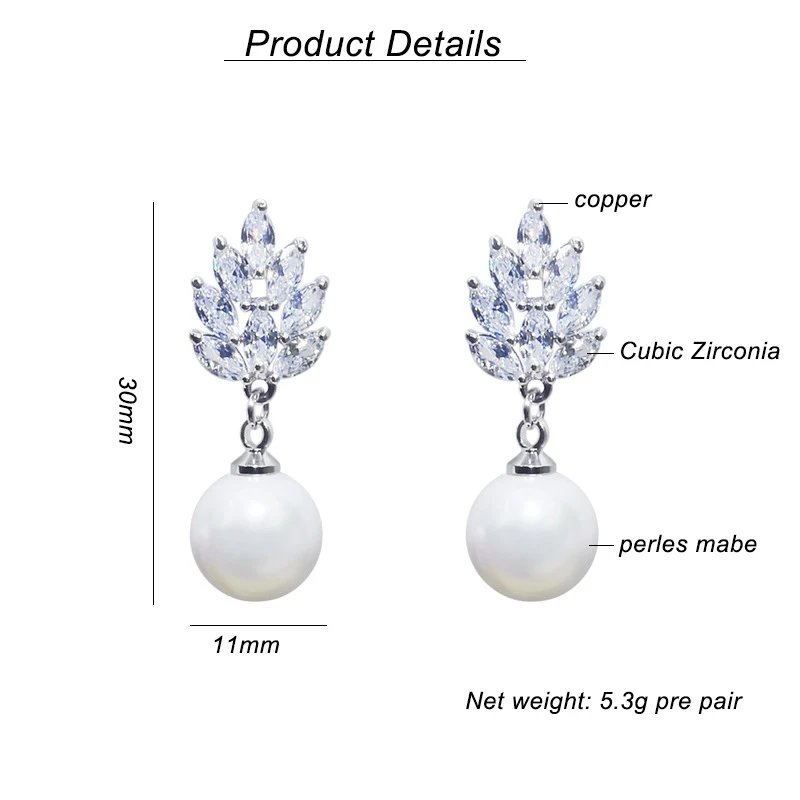 Elegant Cubic Zirconia Mabe Pearl Drop Clip on Earrings Without Piercing Ear Clips for Women Wedding Jewelry