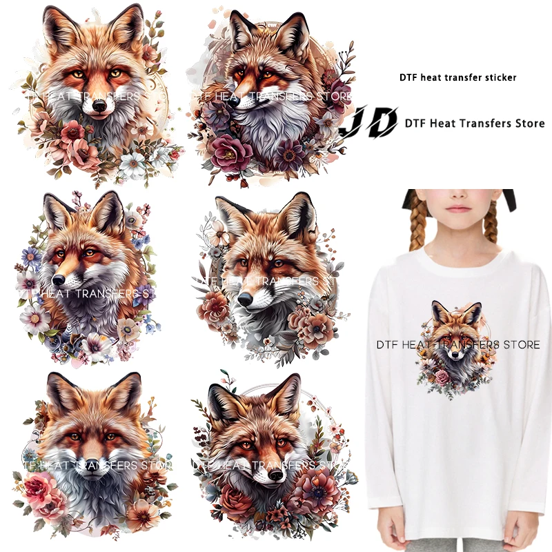 Fierce Rose Flower Big Head Fox Heat Transfer Printing DTF Iron on transfer patches for clothing iron on heat transfer