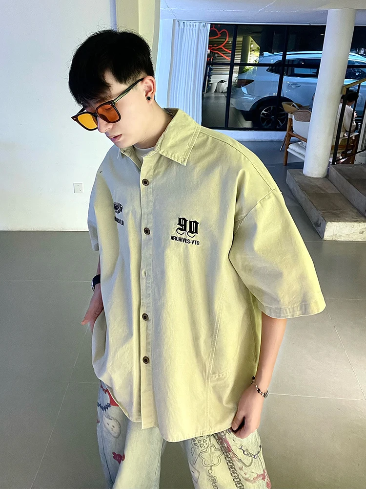 

American Sle Streetwear Letter Embroidery ort Sve Casual irt Men's Summer Loose Fit Versatile Couple Workwear irt