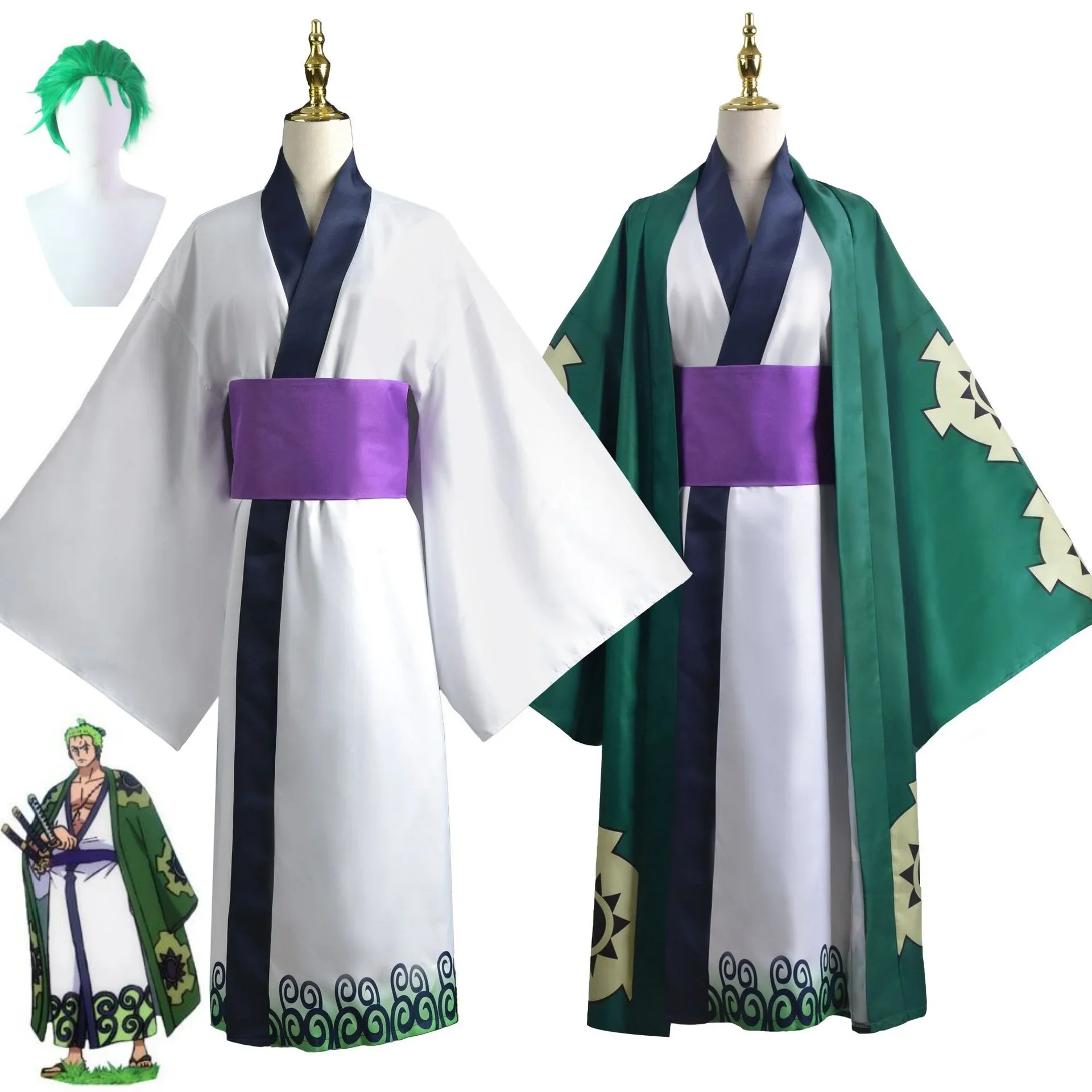 Anime Roronoa Zoro Cosplay Costume Wig Men Uniform Kimono Yukata Coat Haori Robe Suit Halloween Carnival Party Unisex Outfit