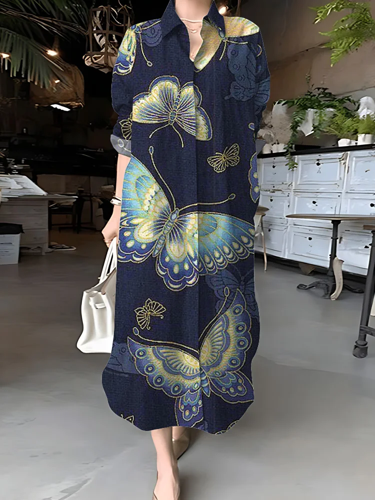 Summer Outdoor Casual Women's Shirt Dress Elegant Butterfly Print Long Sleeve Lapel Dress Comfortable and Breathable Clothing