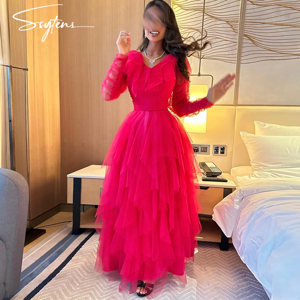 Long Fuschia Ball Gowns Evening Dresses A Line Tiered Ruffles Ruched V Neck Formal Occasion Prom Party Gowns Ankle Length Dress