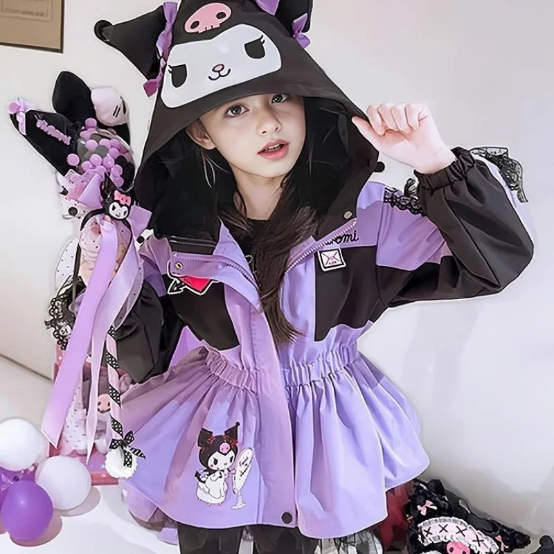 Sweet Kuromi Anime Sanrio Ins Kawaii Fashion Long Sleeve Jacket Cute Cartoon Children Casual Warm Thick Coat Gifts for Kids