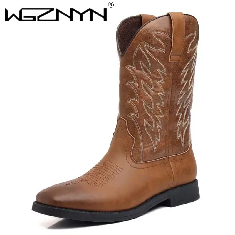 Men's Classic Tall Embroidered Ankle Boots Retro Designed Men Shoes Wide Toe Western Cowboy Boot Pointed Platform Boots for Men
