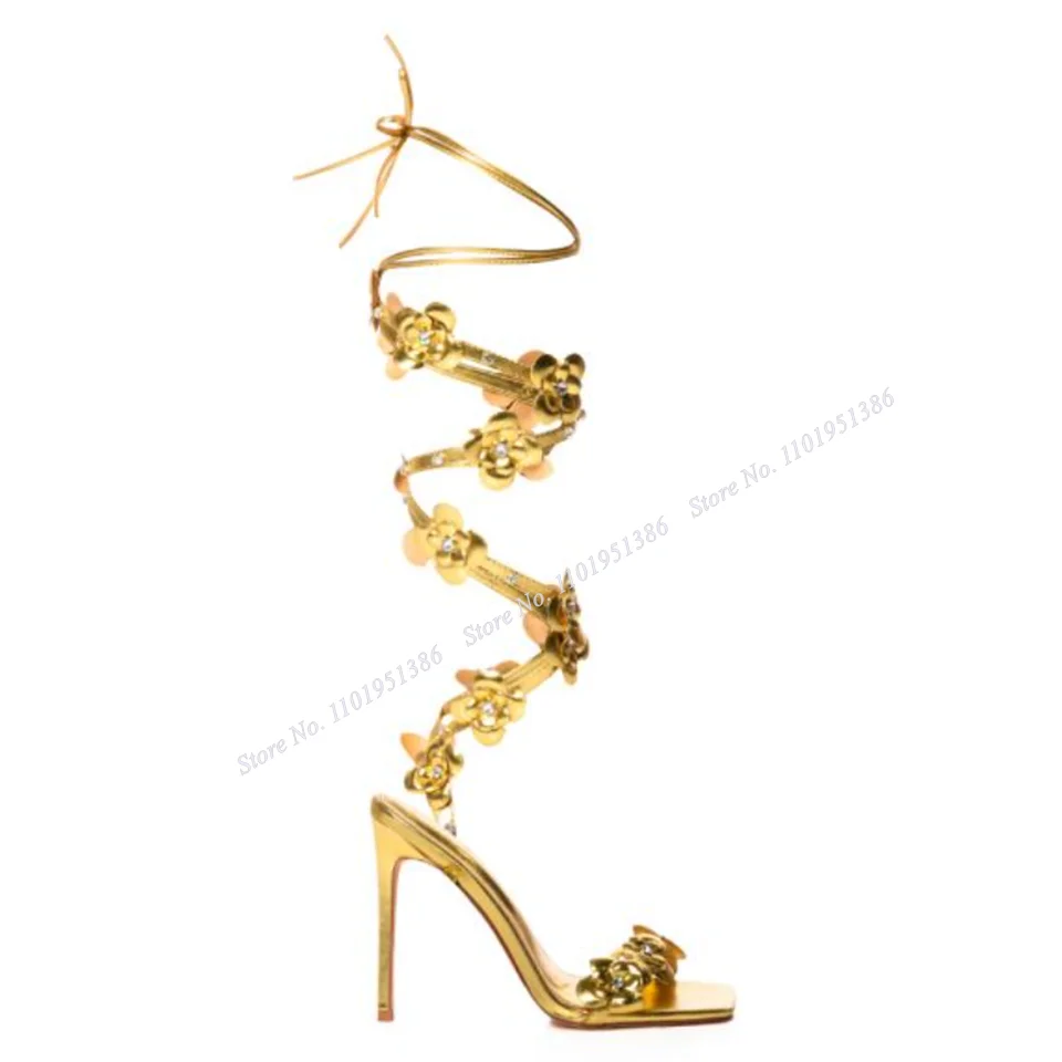 

Moraima Snc Gold Lace up Sandals Square Toe Flower Decor Solid High Heel Shoes for Women Heels Shoes on Heels Zapatillas Mujer