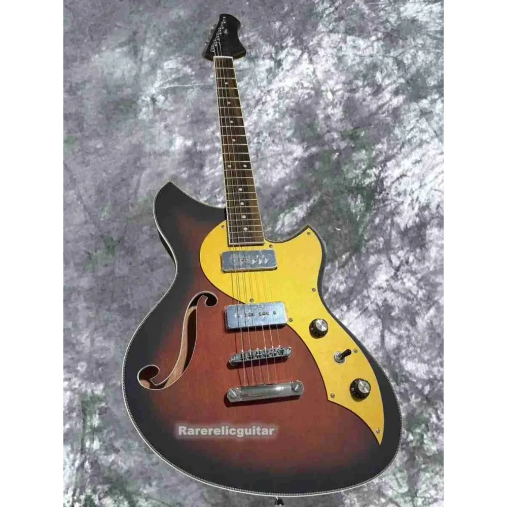 Single F Hole Matte Tobacco Sunburst Electric Semi Hollow Guitar Novo Gold Glitter Pickguard Dot Inlays,bone Binding Black P90