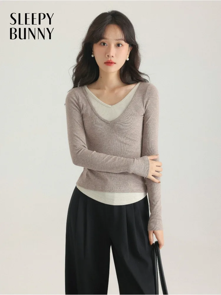 

Elegant Slim Fit Ribbed Knit Top for Women Fake Two Piece Long Sleeve T-Shirt Stretch Base Tee for Autumn Casual Daily Outfit