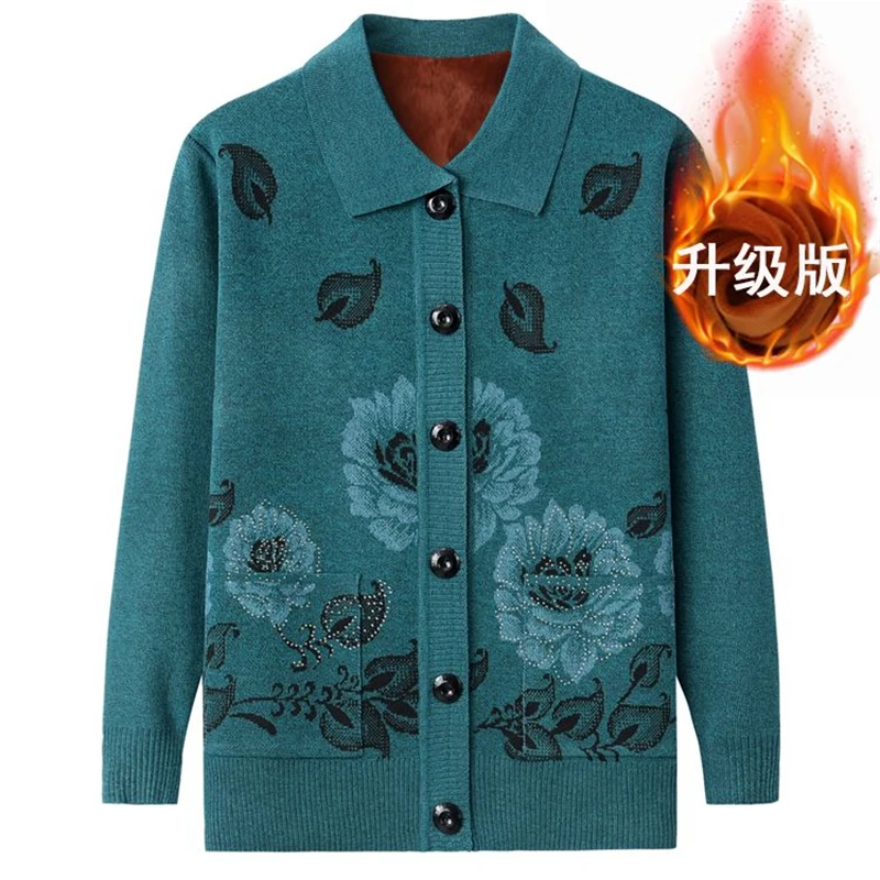 Middle-aged and Elderly Women Vintage Floral Plush Thick Button Knitted Cardigan Autumn Winter Ladies Casual Long Sleeve Sweater