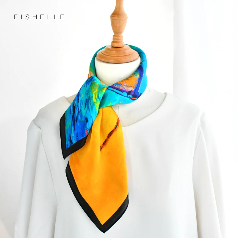 Blue and yellow oil painting natural silk scarves women real silk satin small square 50cm neck scarf thin hijab ladies spring