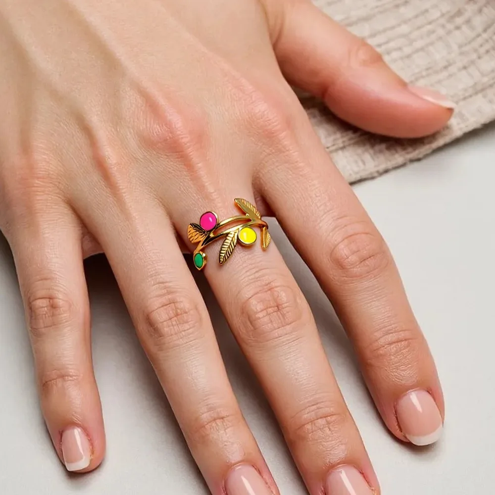 DIEYURO 316L الفولاذ المقاوم للصدأ الملونة يقطر النفط يترك فروع حلقة مفتوحة المرأة موضة جديدة موجزة خاتم مقاوم للماء