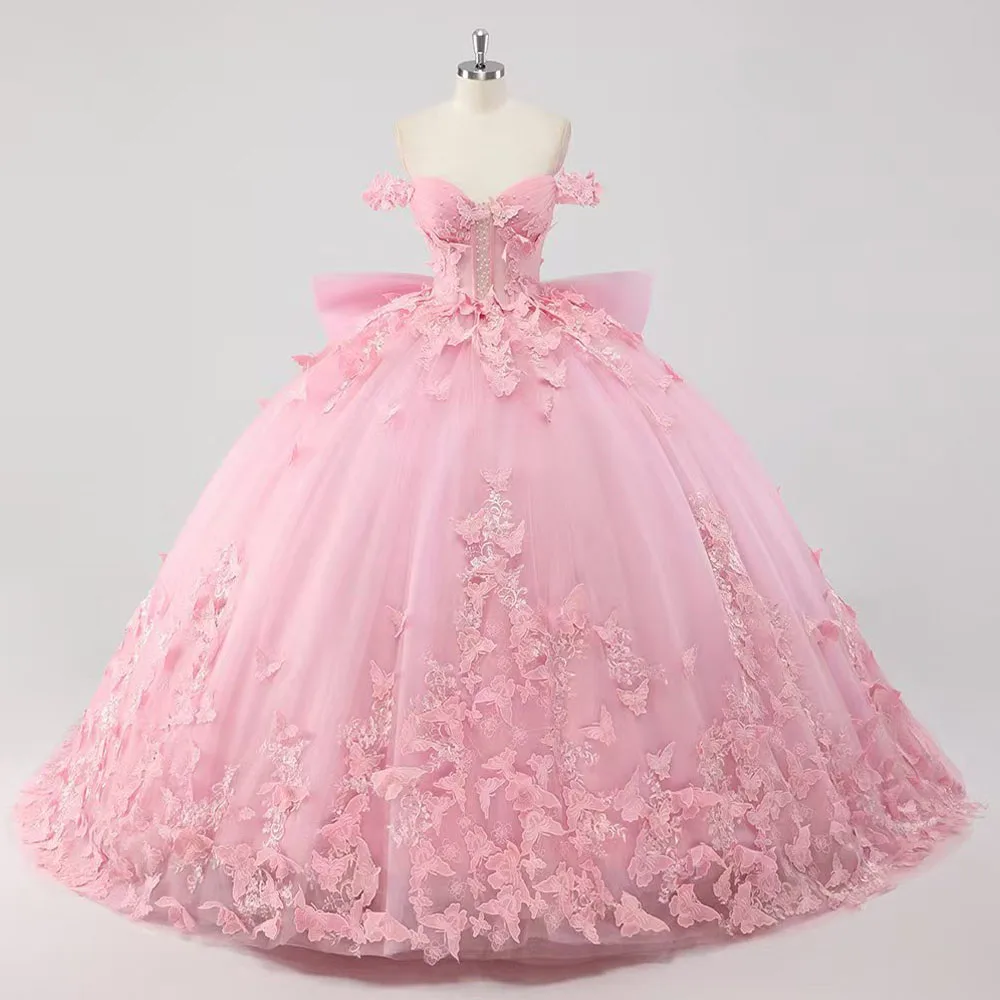 High Quality Customized Sweetheart Floor Length Tulle Appliques Off Shoulder Pink Wedding Party Dress for Women فساتين سهره Robe