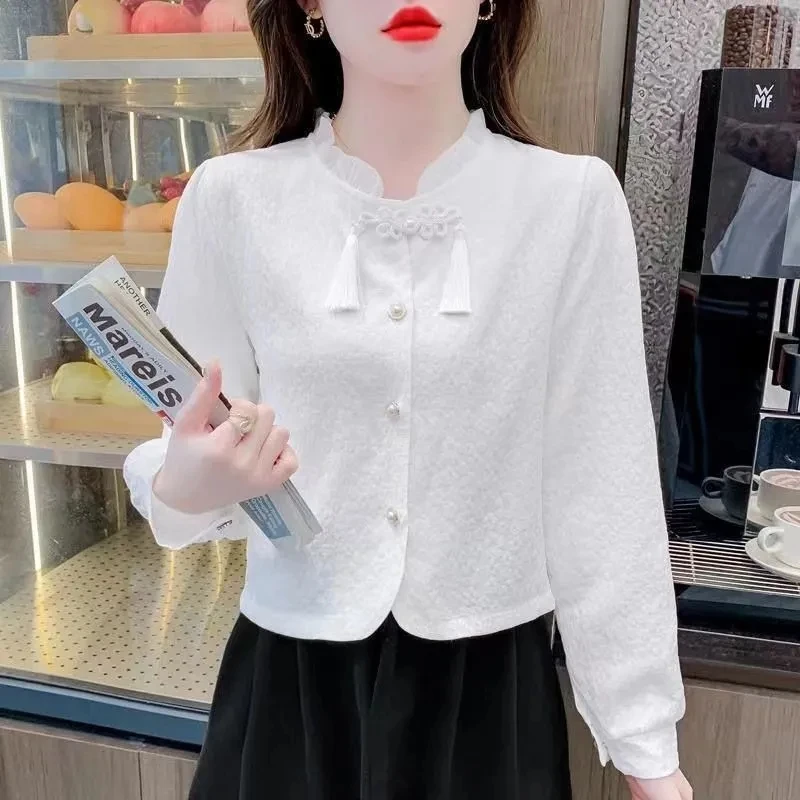 New Chinese style Buckle Long-sleeved Ladies' Shirts Autumn 2024 Autumn Clothes New Chinese Style Retro Temperament Short Coat 。