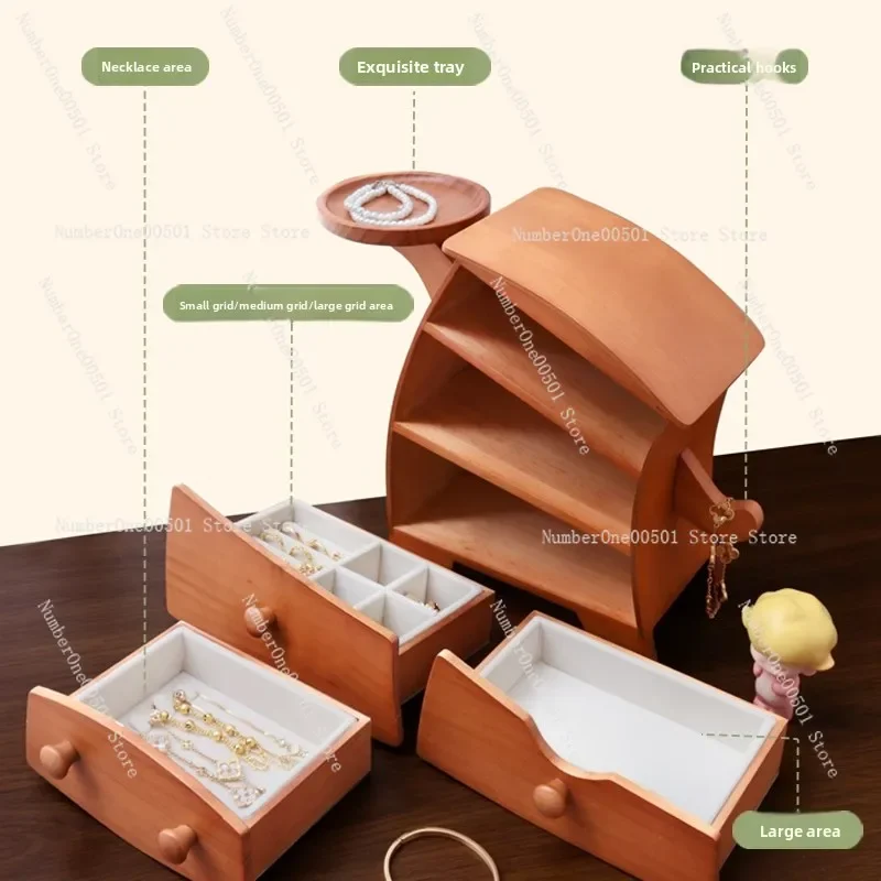 Solid Wood Jewelry Box Cute Design Desktop Storage Organizer for Earrings Rings Elegant Decorative Box with Drawer Compartments