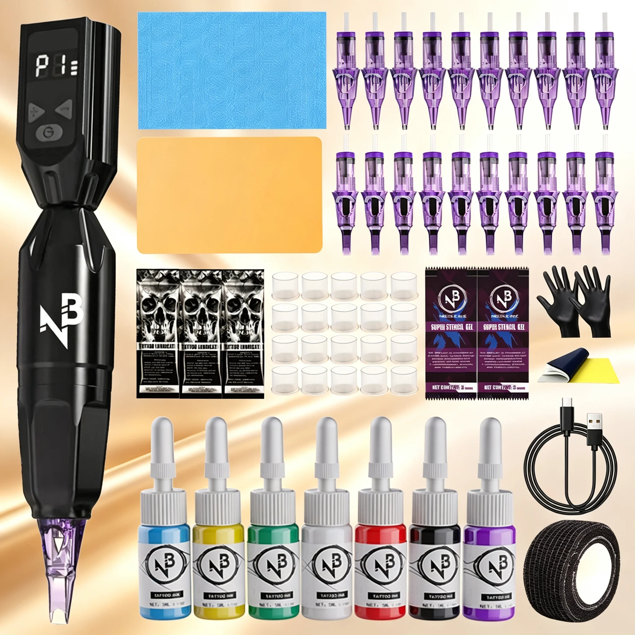 Wireless Rotary Tattoo Pen Machine Kit 1100Mah Integrated Power All in One Complete Tattoo Supplies Mixed Cartridge Needles Multicolor Tattoo Ink Practical Tattoo Tool Set for Beginners Professional Tattoo Practitioners