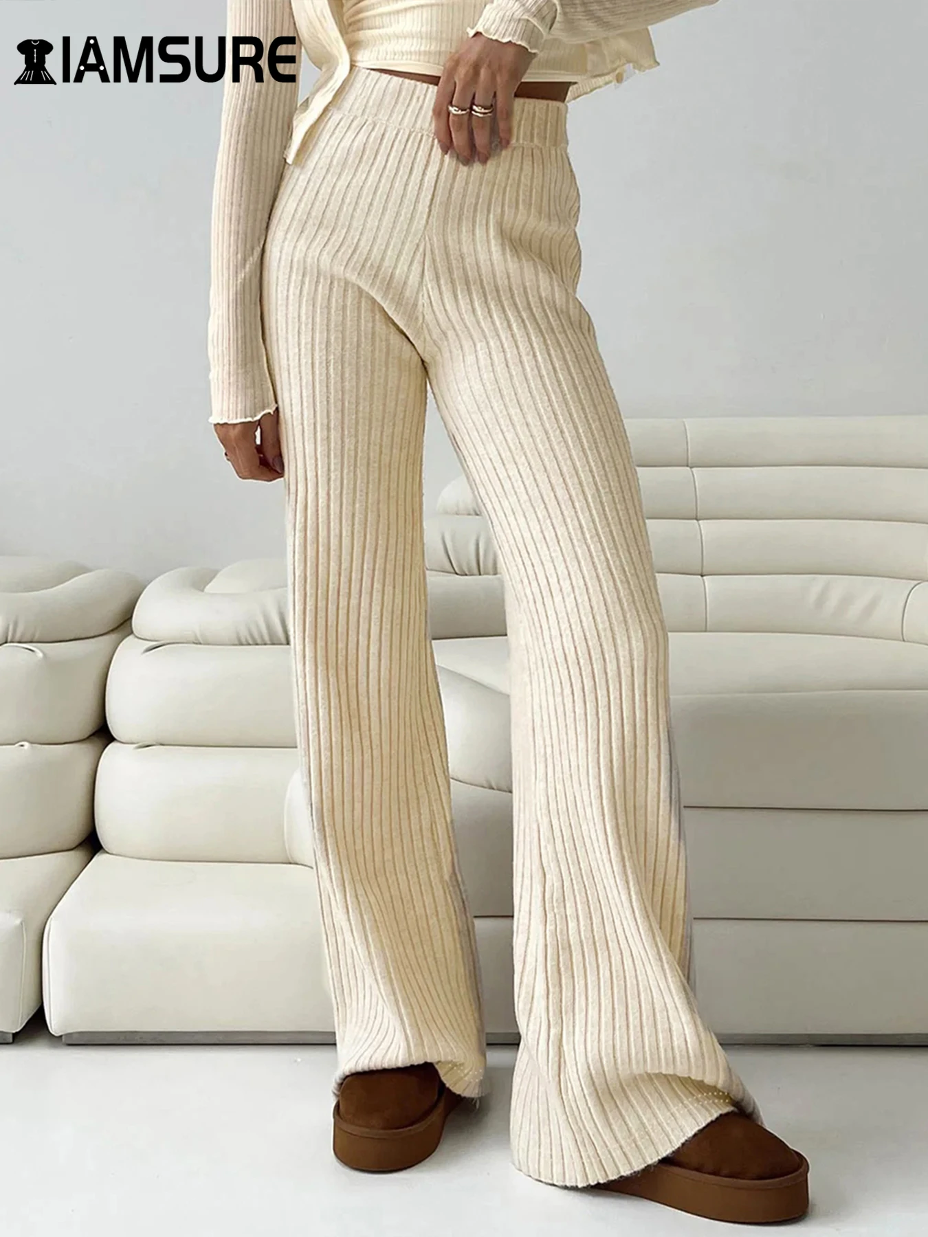 IAMSURE Basic Solid Knitted Pants Loose Mid-Waisted Straight Pants Women 2024 Autumn Winter Elegant Fashion Streetwear Office