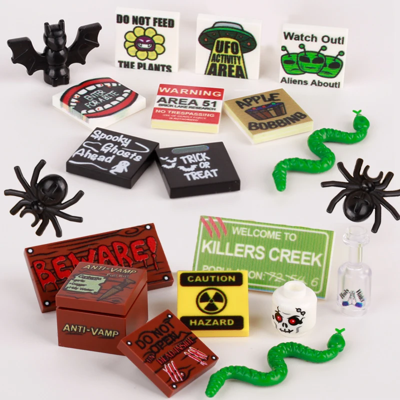 Halloween Road Sign Radiation Printed Tiles Ghost Bat Snake Vampire Animals Skeleton Building Blocks Pumpkin Alien Bricks Toys